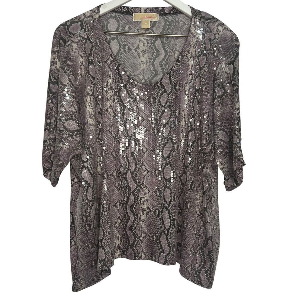 Michael Kors Sequin Snake Dolman Sleeve Tee Top size Medium Purple/Black Party